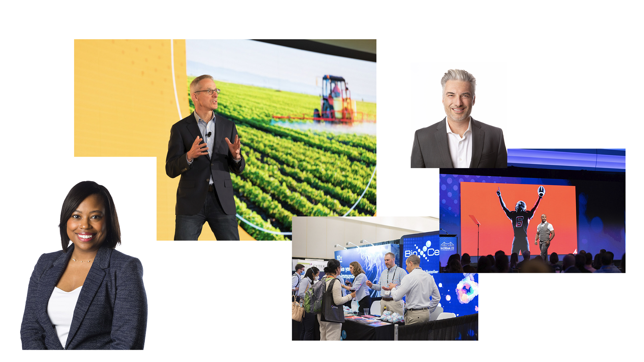 A collage of professional settings showcasing individuals in various scenarios: a speaker presenting at a conference, a businesswoman posing for a headshot, people networking at an event, a farmer in a field, and a person celebrating a victory on stage.