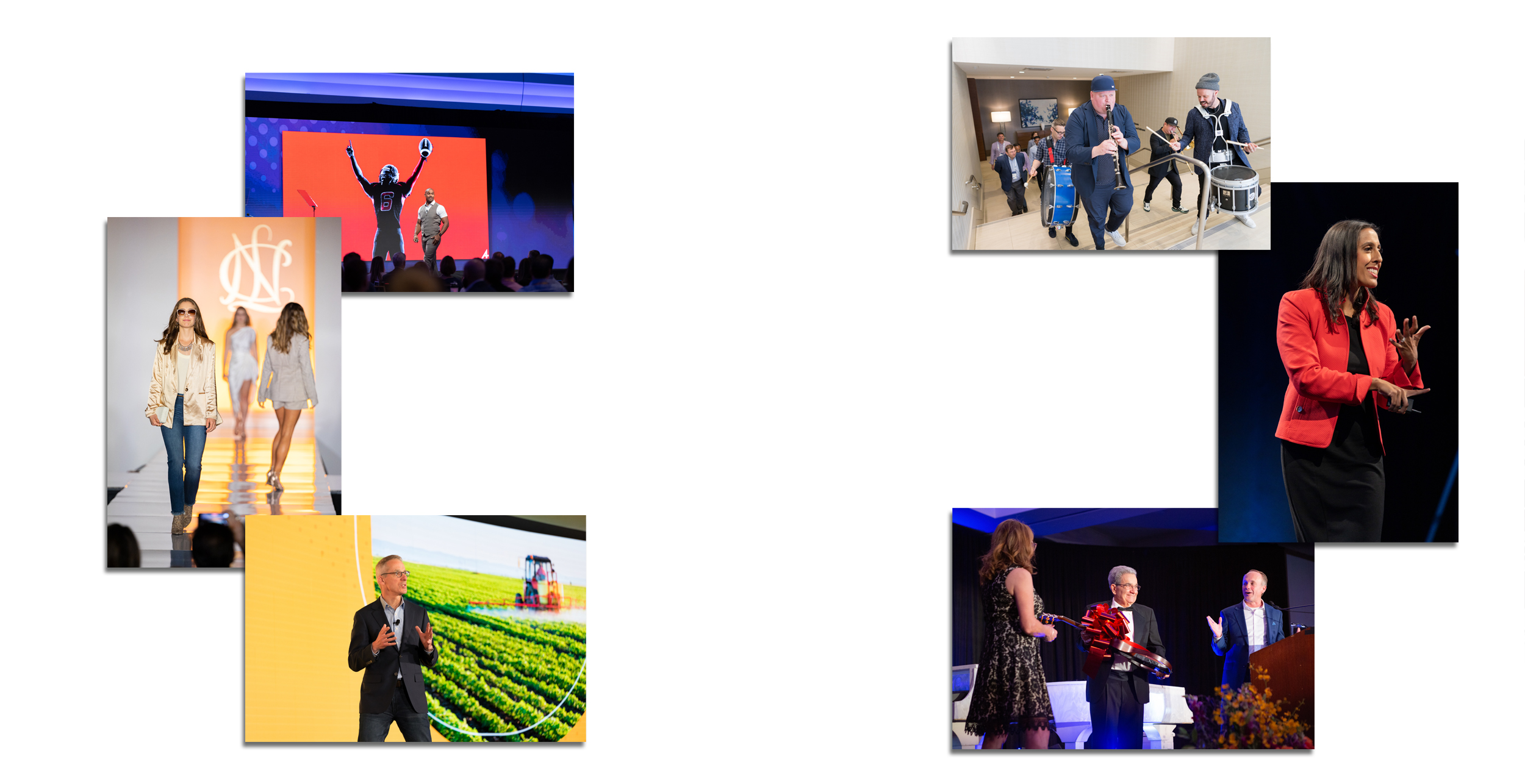 A collage of professional moments, featuring individuals in various settings such as presentations, public speaking, and business engagements.