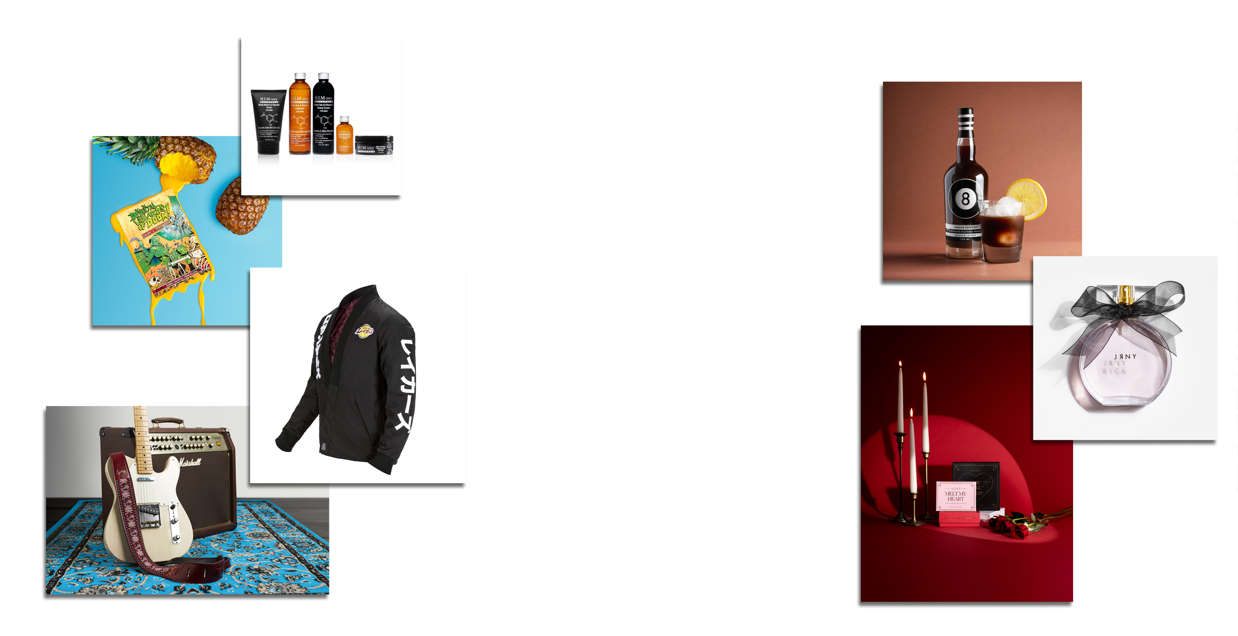 A collage of lifestyle and luxury products presented in an aesthetically pleasing and artistic arrangement, including beverages, fashion, and fragrance.