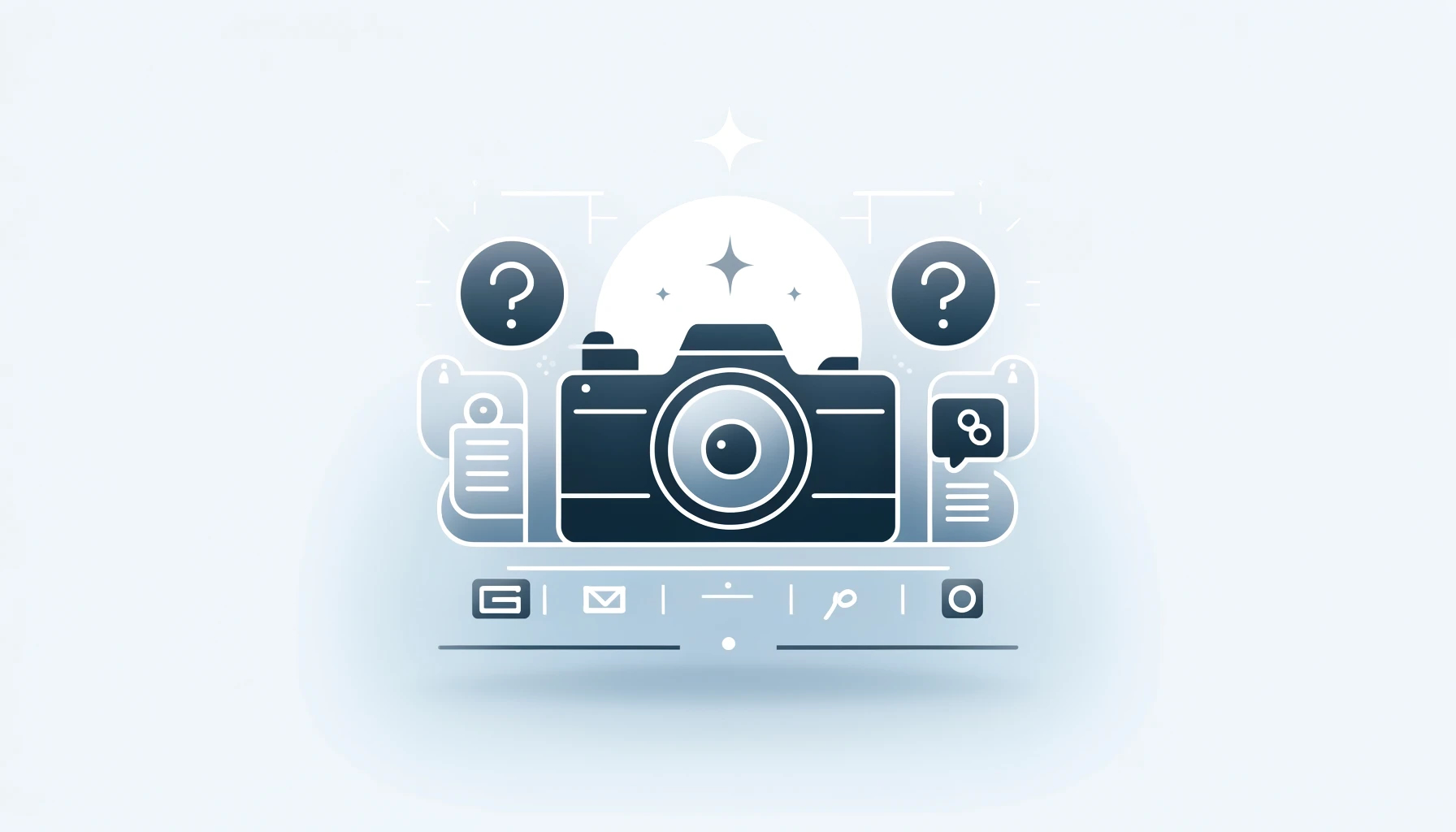 Stylized illustration representing online photography services with a camera icon surrounded by question marks, a star, and interface elements, all in a cool blue monochrome palette.